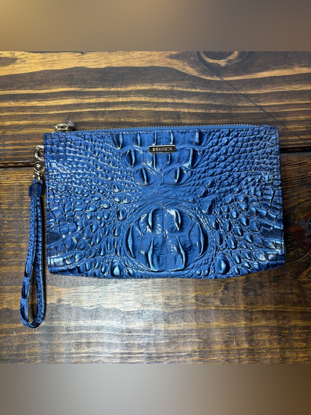 Brahmin Blue Melbourne Croc Embossed Leather Wristlet Clutch